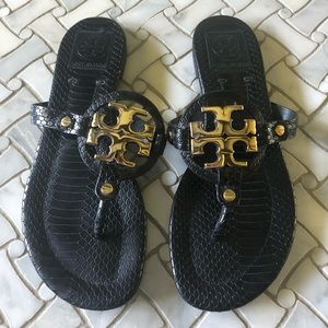 Tory Burch Miller black/gold snakeskin sandals 8